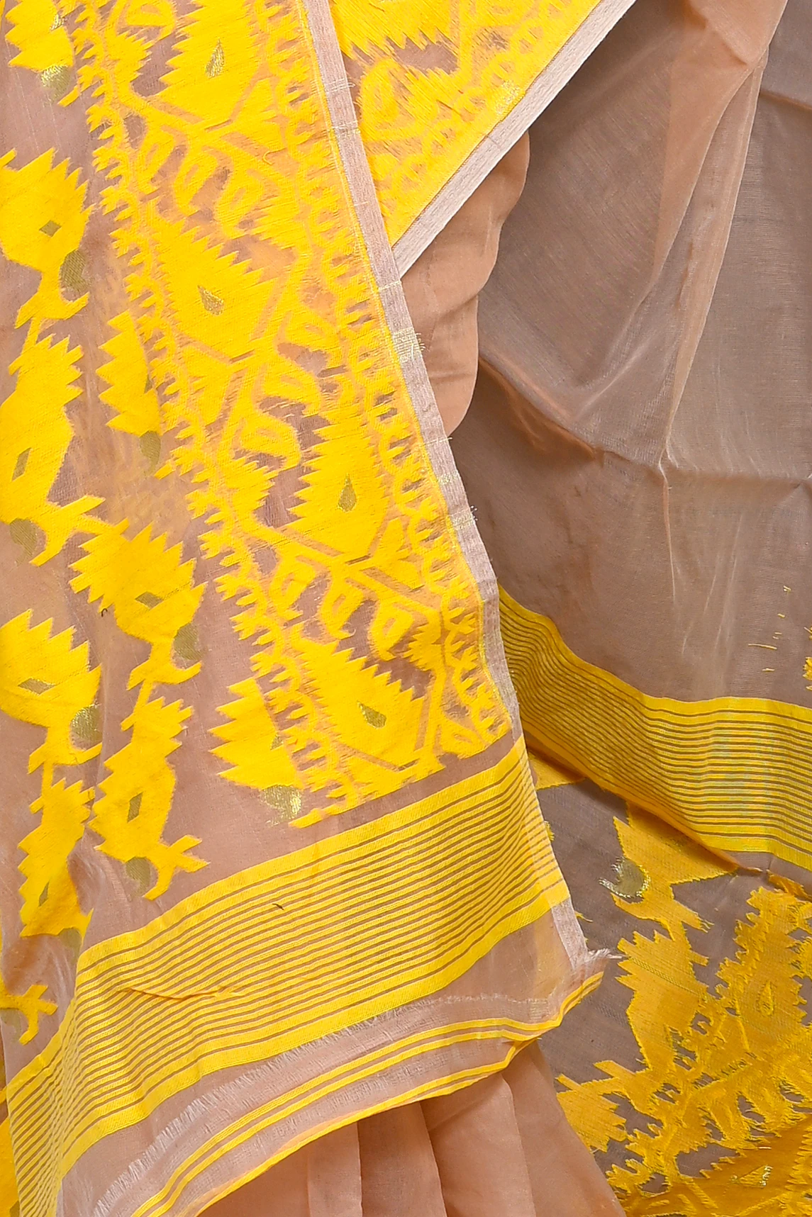 Brown Yellow Cotton Blended Parv Jamdani Saree (563)